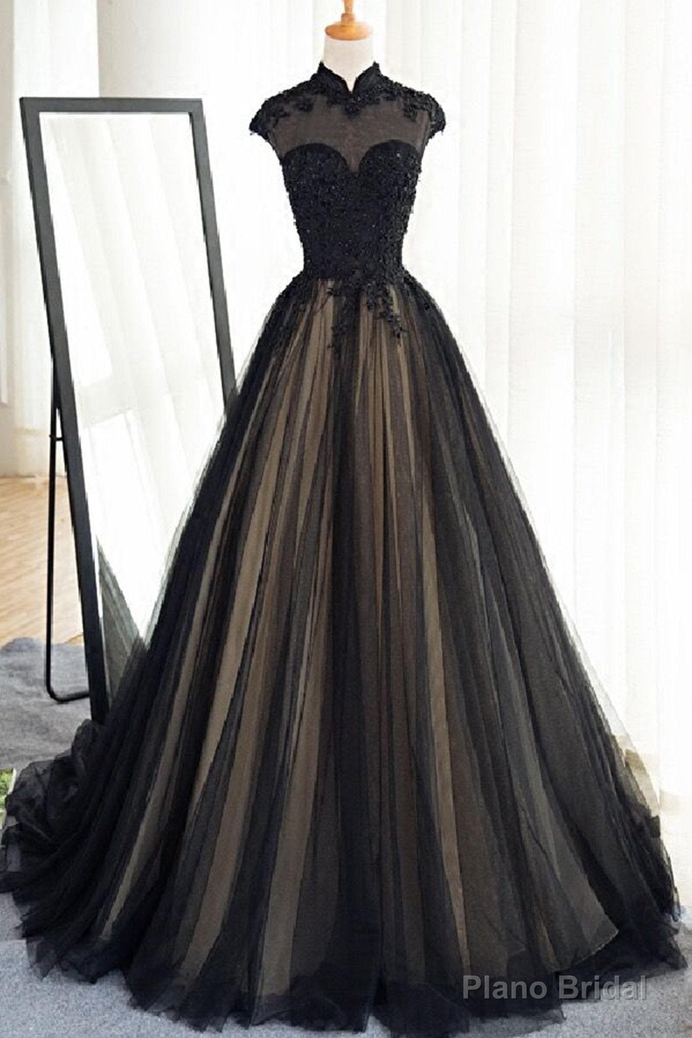 Black Tulle Cap Sleeves Floor Length Long Prom Dresses, Luxury Dresses