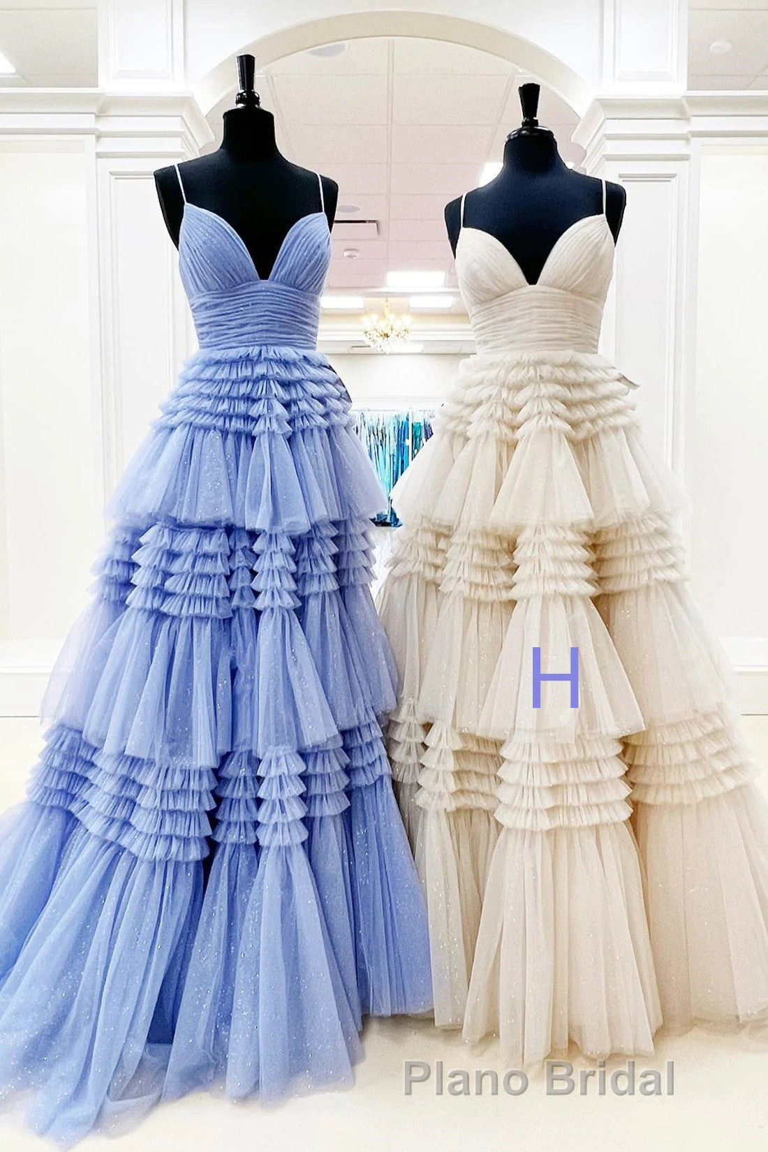Sparkly Spaghetti Straps Tiered Tulle Formal Prom Dresses, New Long Party Gown