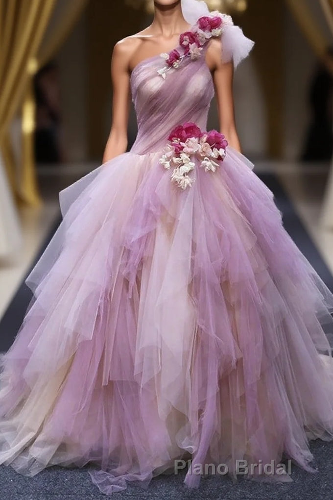 Puffy One Shoulder Sleeveless Tulle Formal Prom Dresses with Flowers, Ruffles Quinceanera Dresses Main image