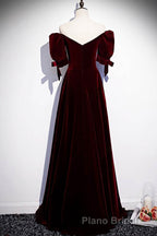 Modest Burgundy Long Formal Prom Dresses with Short Sleeves Vintage Evening Gown
