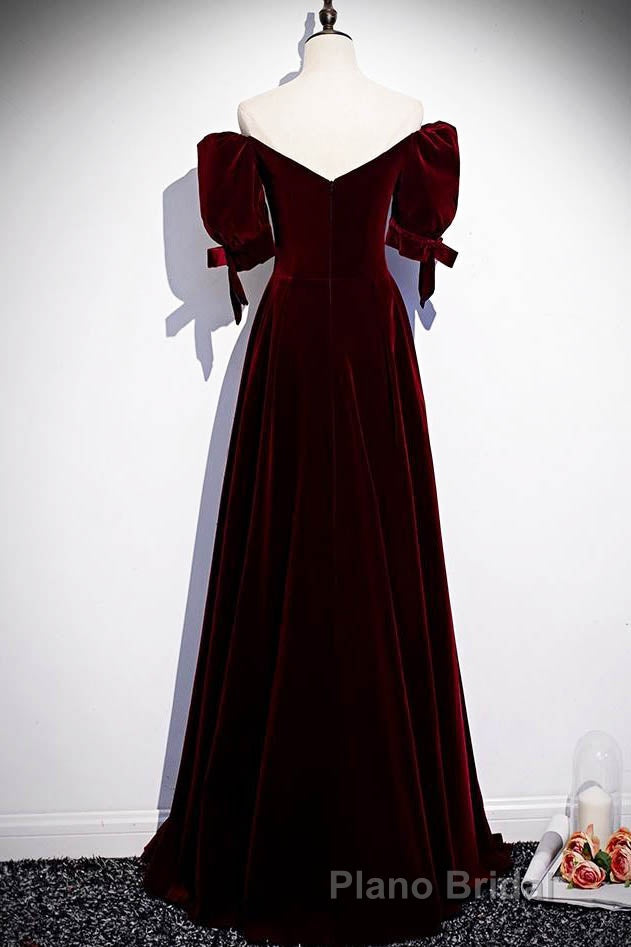 Modest Burgundy Long Formal Prom Dresses with Short Sleeves Vintage Evening Gown