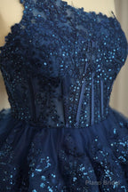 Dark Navy One Shoulder Appliques Multi-Layers Tulle Homecoming Dress