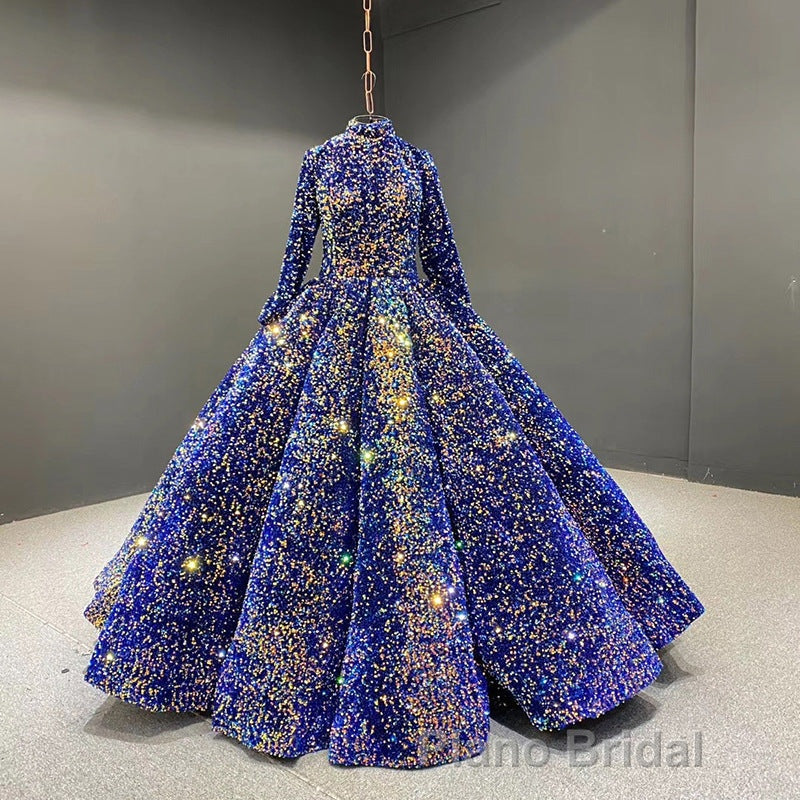 Glitter High Neck Open Back Lace Up Ball Gown Formal Prom Dresses