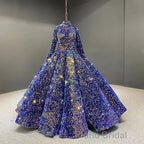 Glitter High Neck Open Back Lace Up Ball Gown Formal Prom Dresses