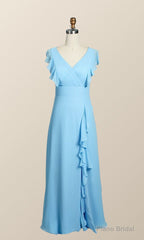 Blue Chiffon Ruffles Long Bridesmaid Dress