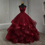 Lace Wined Red Black Quinceanera Dress Spaghetti Straps Ruched Organza Prom Dress