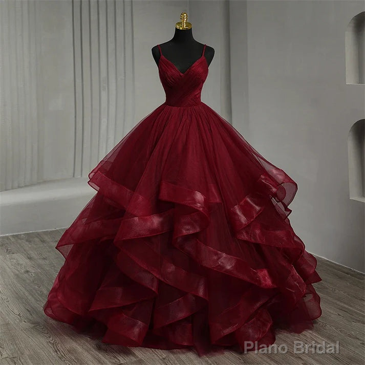 Lace Wined Red Black Quinceanera Dress Spaghetti Straps Ruched Organza Prom Dress Main image