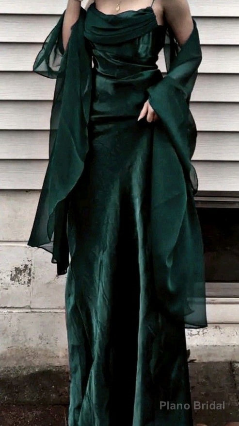 Vintage A Line Spaghetti Straps Green Chiffon Prom Dresses Long Evening Gown Formal Party Dress With Ribbon Main image
