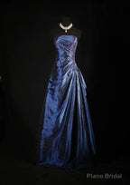 Vintage Ball Gown Strapless Navy Blue Satin Long Prom Dresses Party Dress