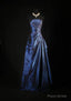 Vintage Ball Gown Strapless Navy Blue Satin Long Prom Dresses Party Dress