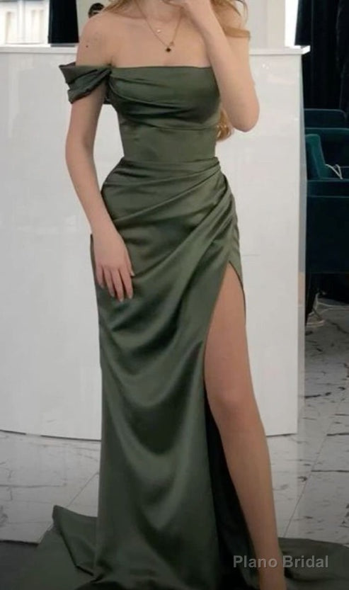 Sexy Mermaid Off The Shoulder Green Long Evening Dress Satin Slit Prom Dresses Main image