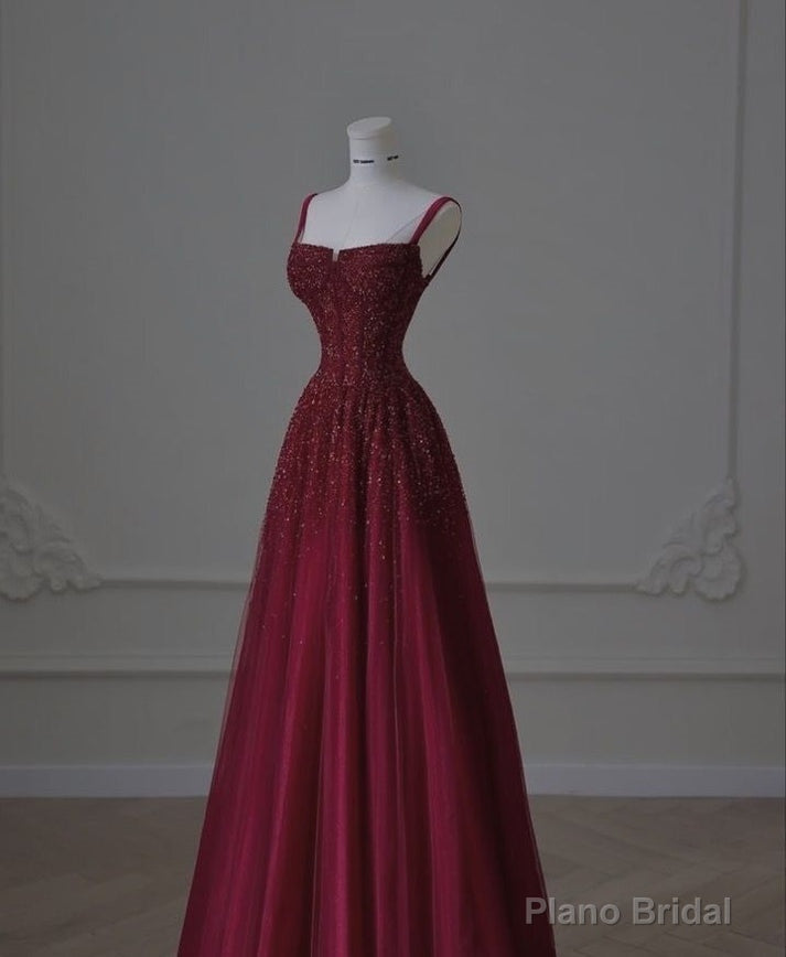 Retro A line Straps Sequin Burgundy Long Party Dress Prom Dresses Main image