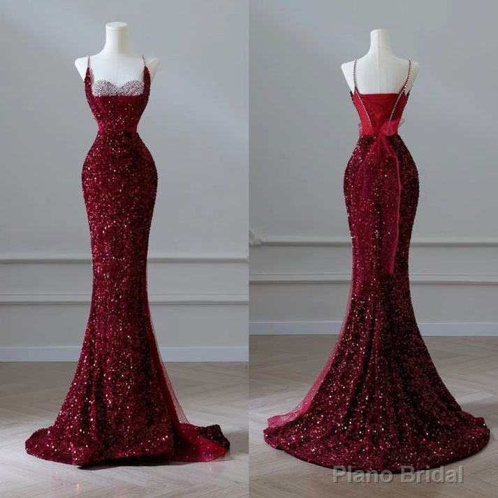 Sexy Mermaid Spaghetti Straps Sequin Burgundy Long Prom Dresses