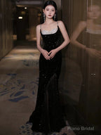 Black Sexy Mermaid Spaghetti Straps Sequin Long Prom Dresses