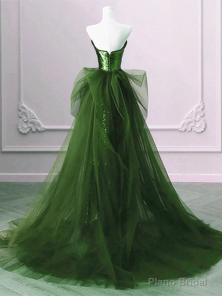 A-line Green Sequins and Tulle Long Prom Dress Green Evening Dress Formal Dress