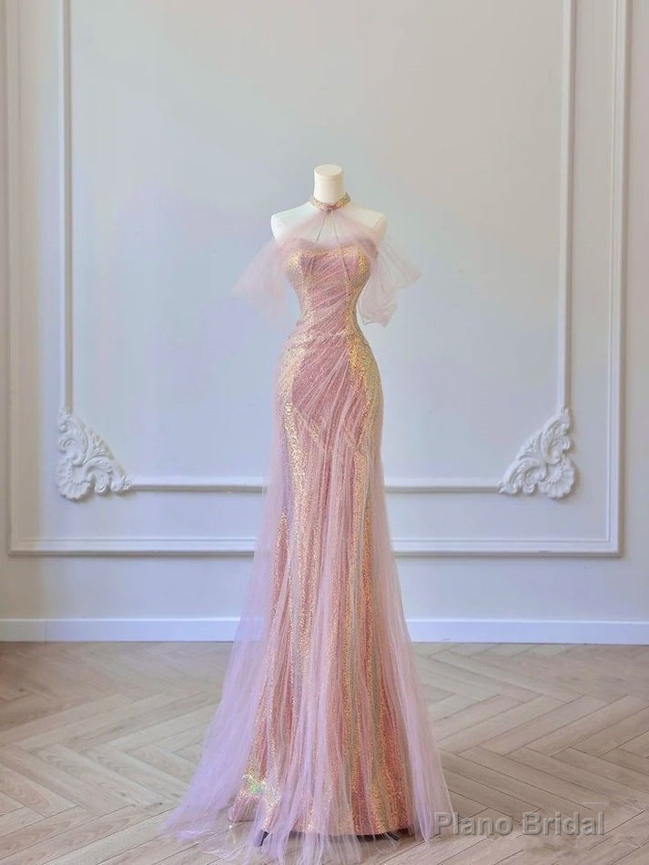 Sexy Mermaid Halter Pink Sequin Long Prom Dress Evening Dress Formal Dress