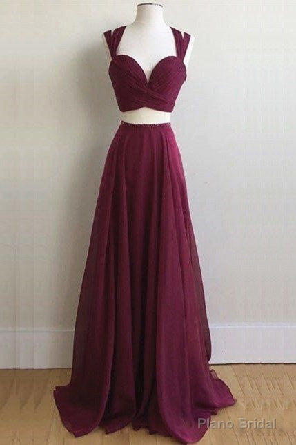 Elegant Two Piece Long Burgundy Chiffon Prom Dress Formal Evening Dress Main image