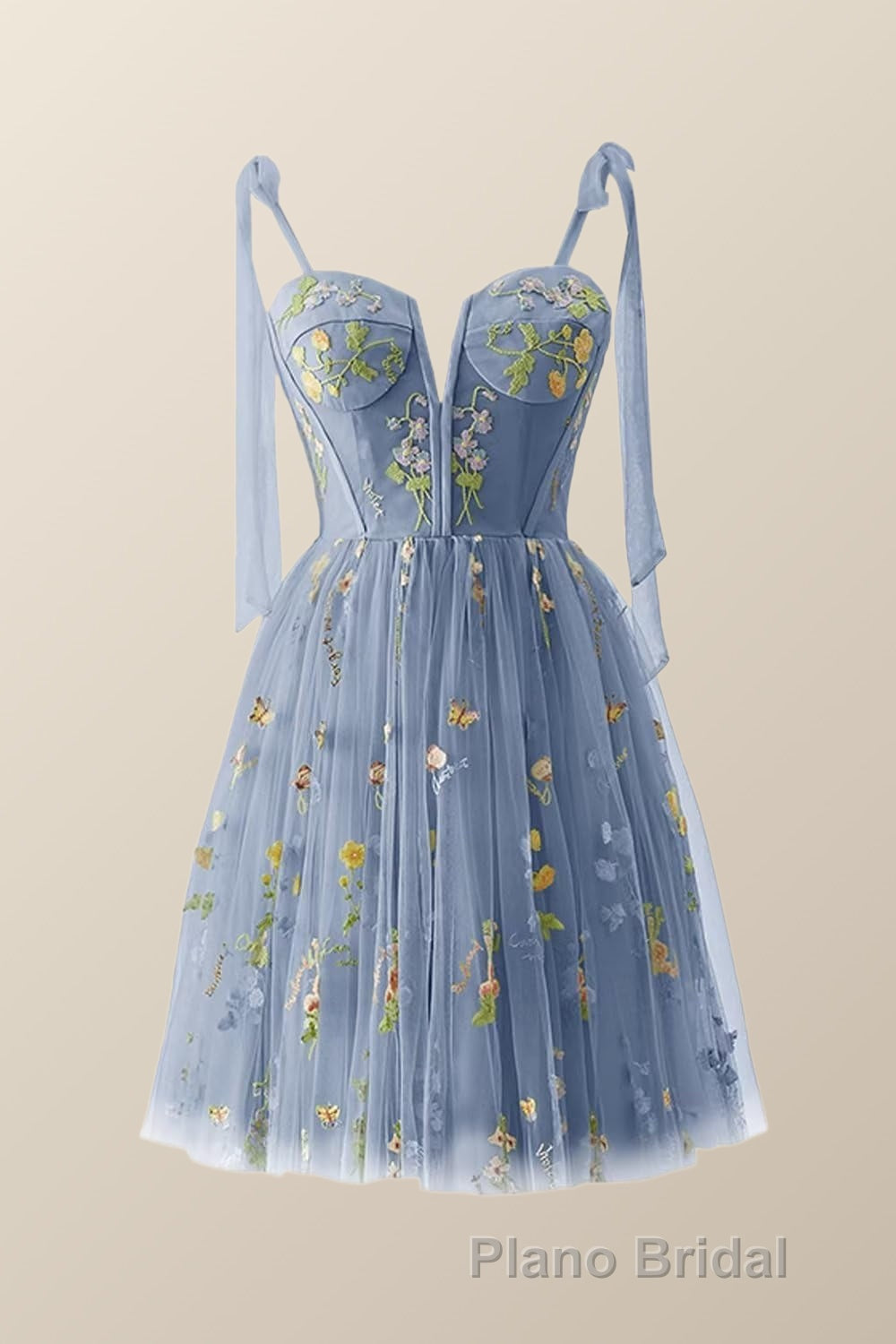 Green Floral Tulle A-line Short Dresses with Tie Shoulders