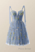 Green Floral Tulle A-line Short Dresses with Tie Shoulders