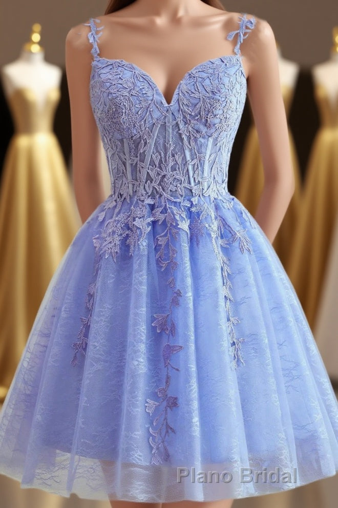 Straps Periwinkle Lace Appliques A-line Short Dresses