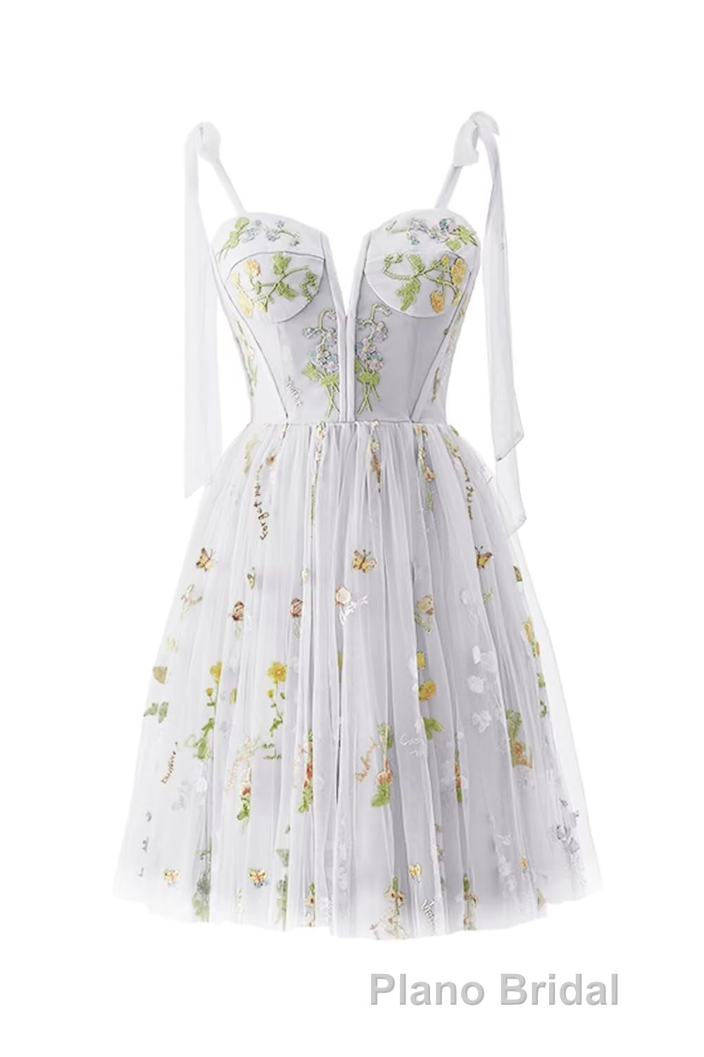 Green Floral Tulle A-line Short Dresses with Tie Shoulders