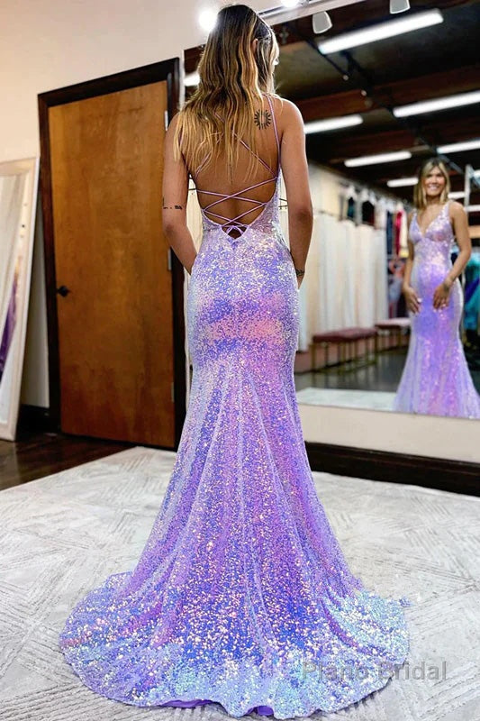 Lavender V Neck Mermaid Prom Dress, Sparkly Sequined Long Evening Gown Main image