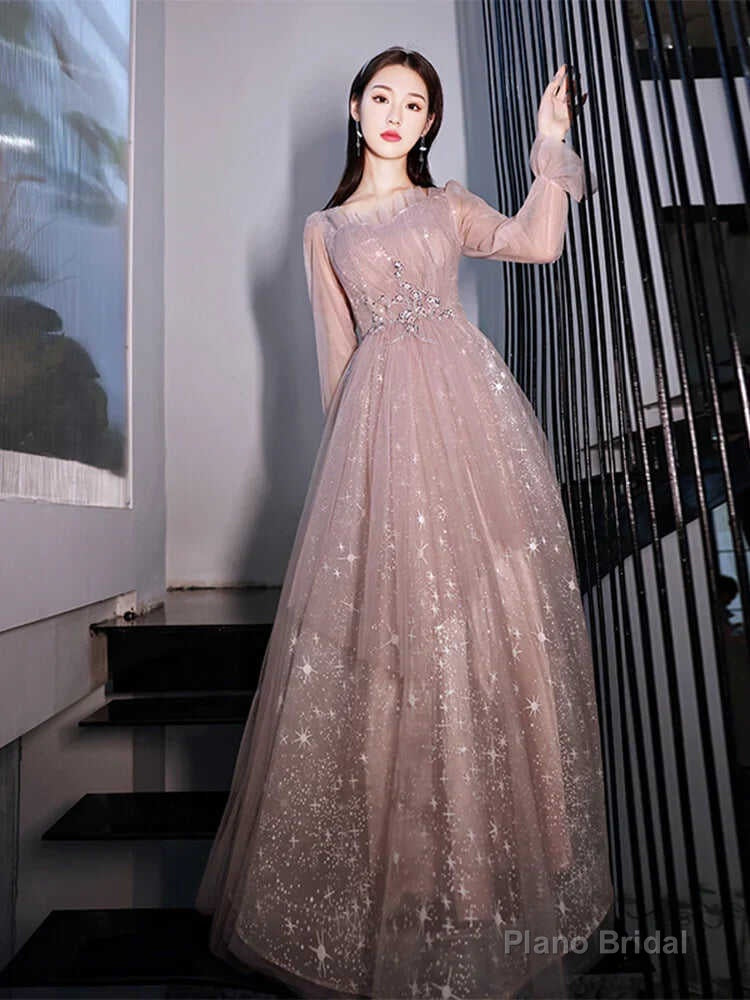 Pink Prom Gowns Long Sleeves For Graudation Party Shiny Star Glitter A-Line Floor-Length Tulle Women Formal Evening Dresses Main image