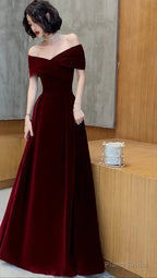 Spring Long Luxury Elegant Wine Red Soft Velvet Evening Party Wedding Dresses for Women Off Shoulder Maxi Dress