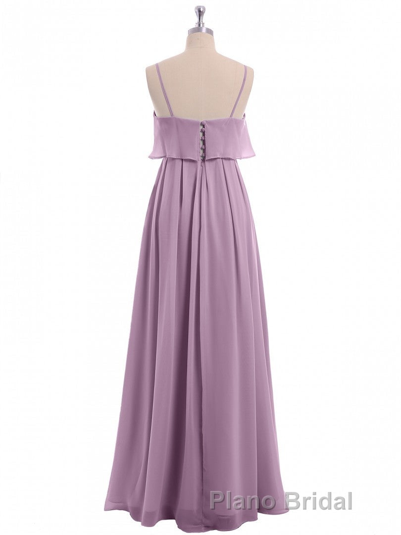 Lavender Chiffon Spaghetti Straps Ruffled A-Line Long Dresses
