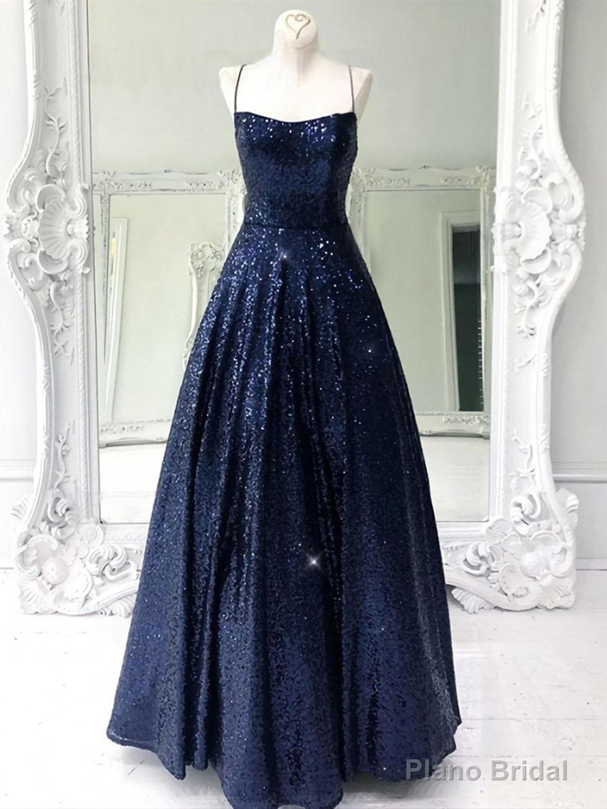 Shiny Backless Navy Blue Long Shiny Open Back Navy Blue Long Prom Dresses Main image
