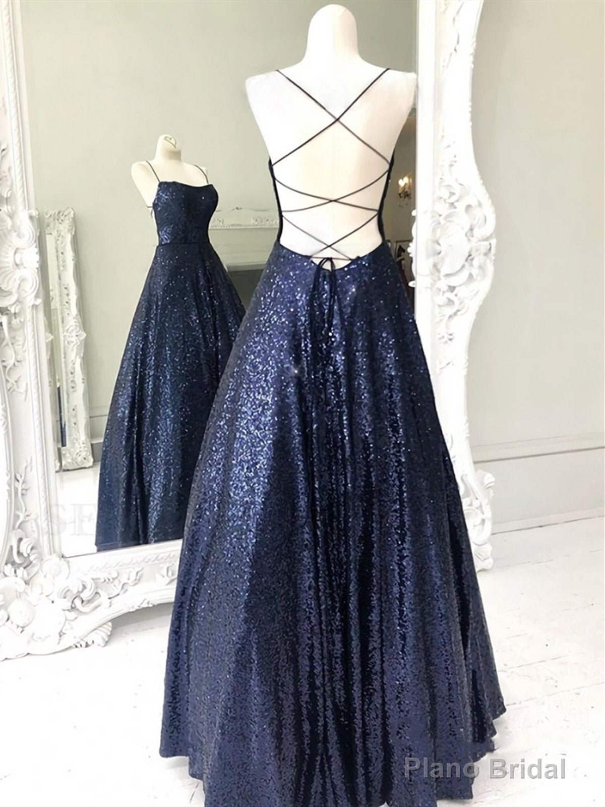 Shiny Backless Navy Blue Long Shiny Open Back Navy Blue Long Prom Dresses Secondary image