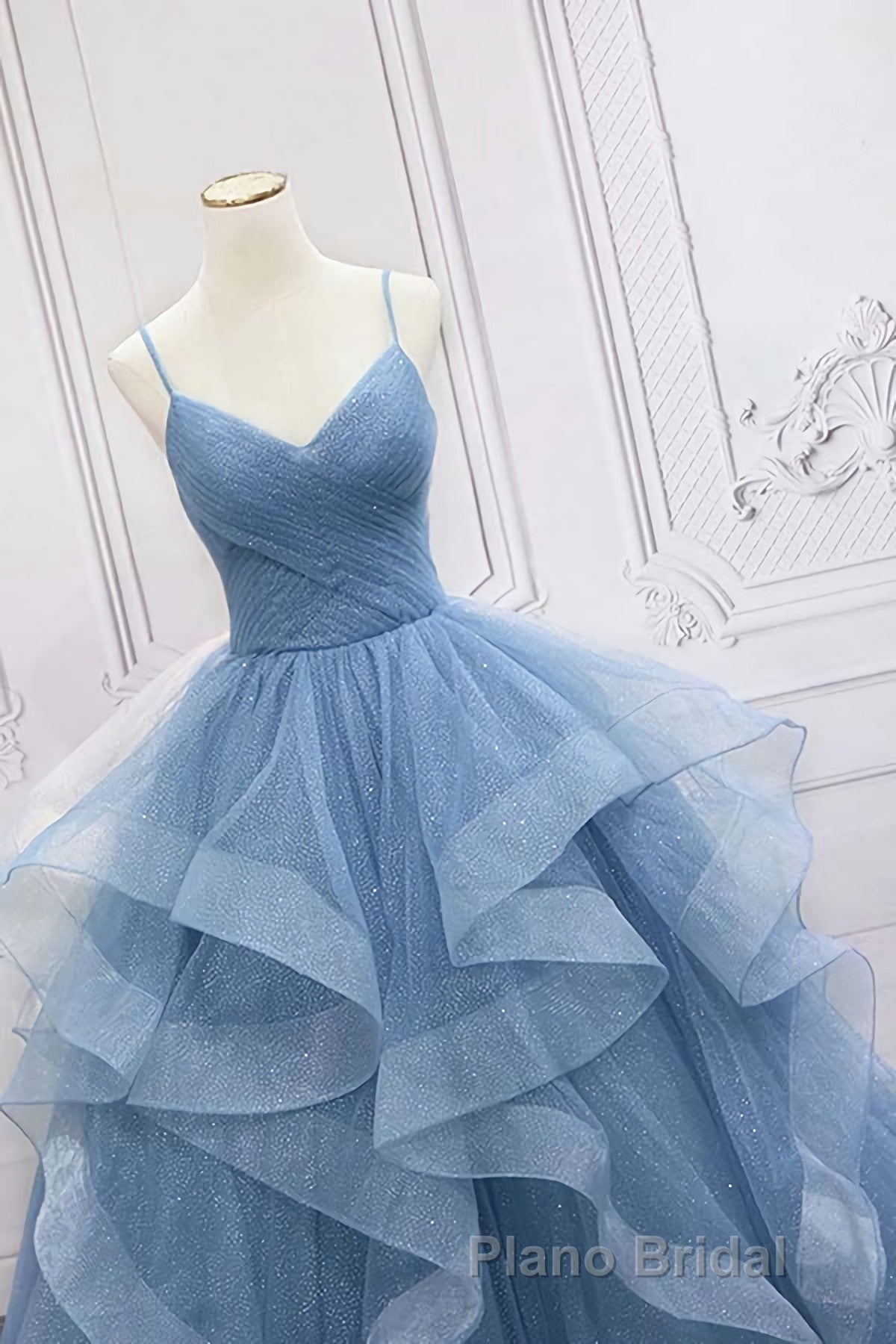 Shiny Blue Tulle A-Line Spaghetti Straps Long Formal Prom Dresses Secondary image