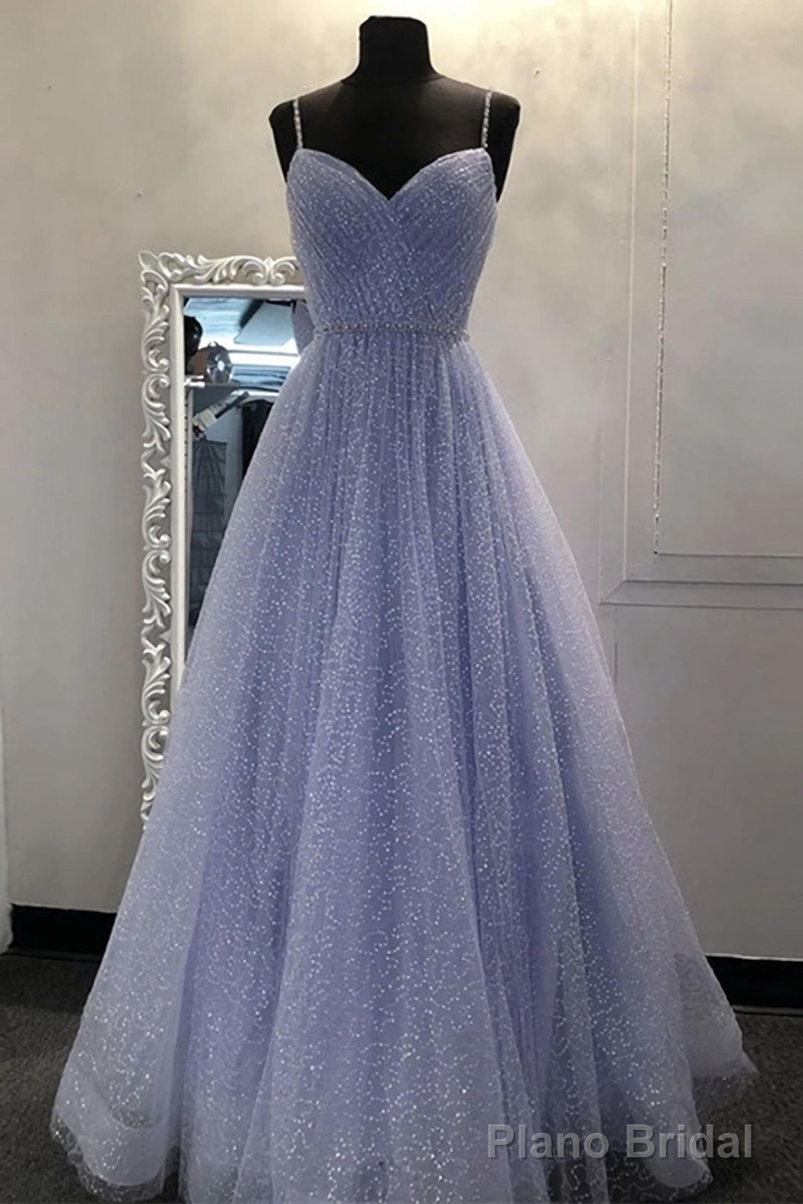 Shiny A Line V Neck Sequins Lilac Long Evening Dress, Lilac Lavender Formal Prom Dresses, Sparkly Party Dress Main image