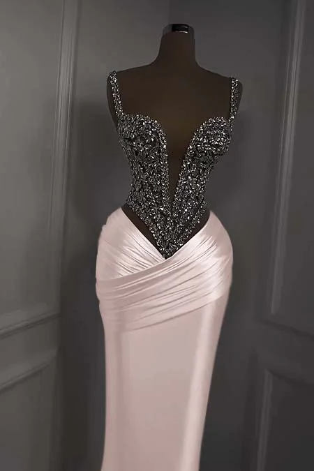 Silver Beads Deep V-Neck Pleats Mermaid Sparkle Prom Dresses Secondary image