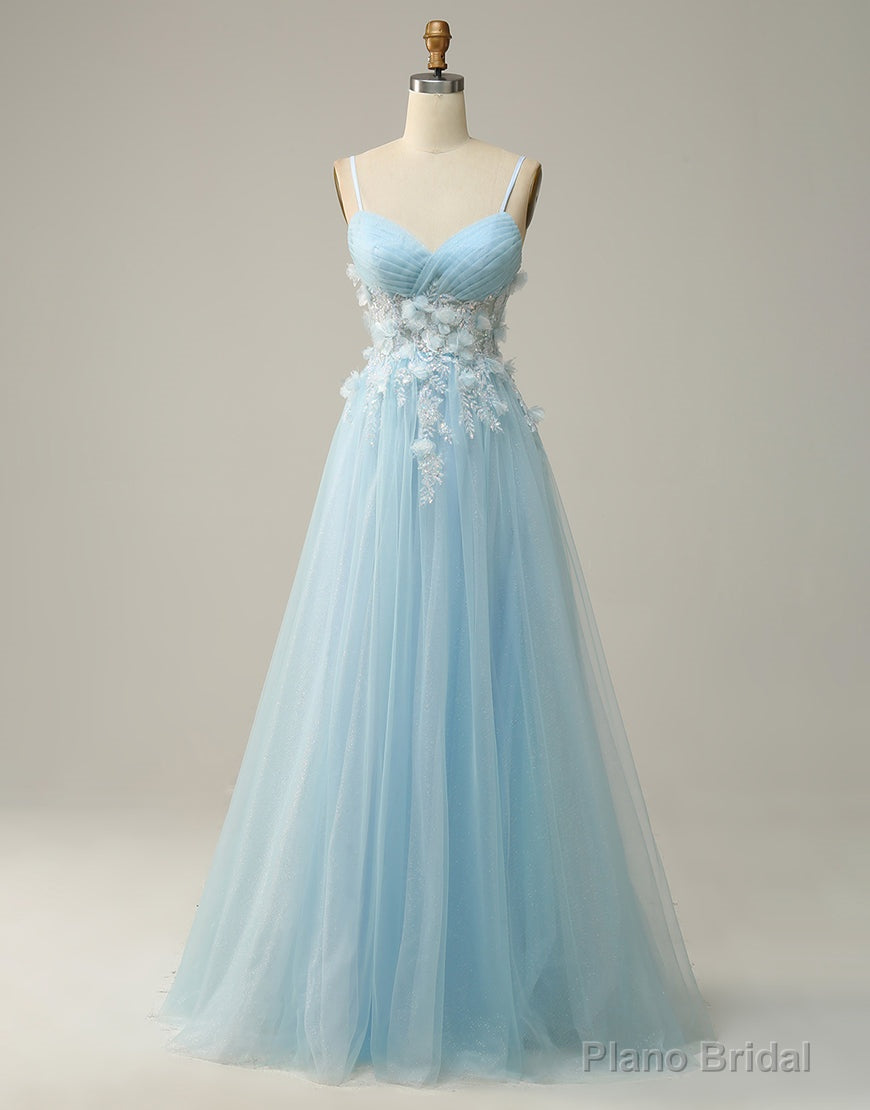 Sky Blue A-Line Spaghetti Straps Tulle Prom Dress With 3D Appliques Main image