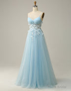 Sky Blue A-Line Spaghetti Straps Tulle Prom Dress With 3D Appliques