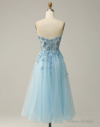 Sky Blue A-Line Tea Length Strapless Party Dress With Beading