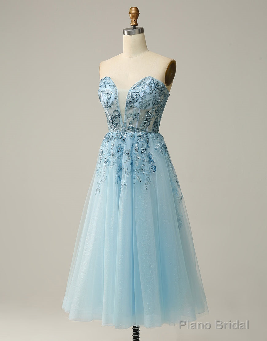 Sky Blue A-Line Tea Length Strapless Party Dress With Beading Main image
