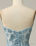 Sky Blue A-Line Tea Length Strapless Party Dress With Beading