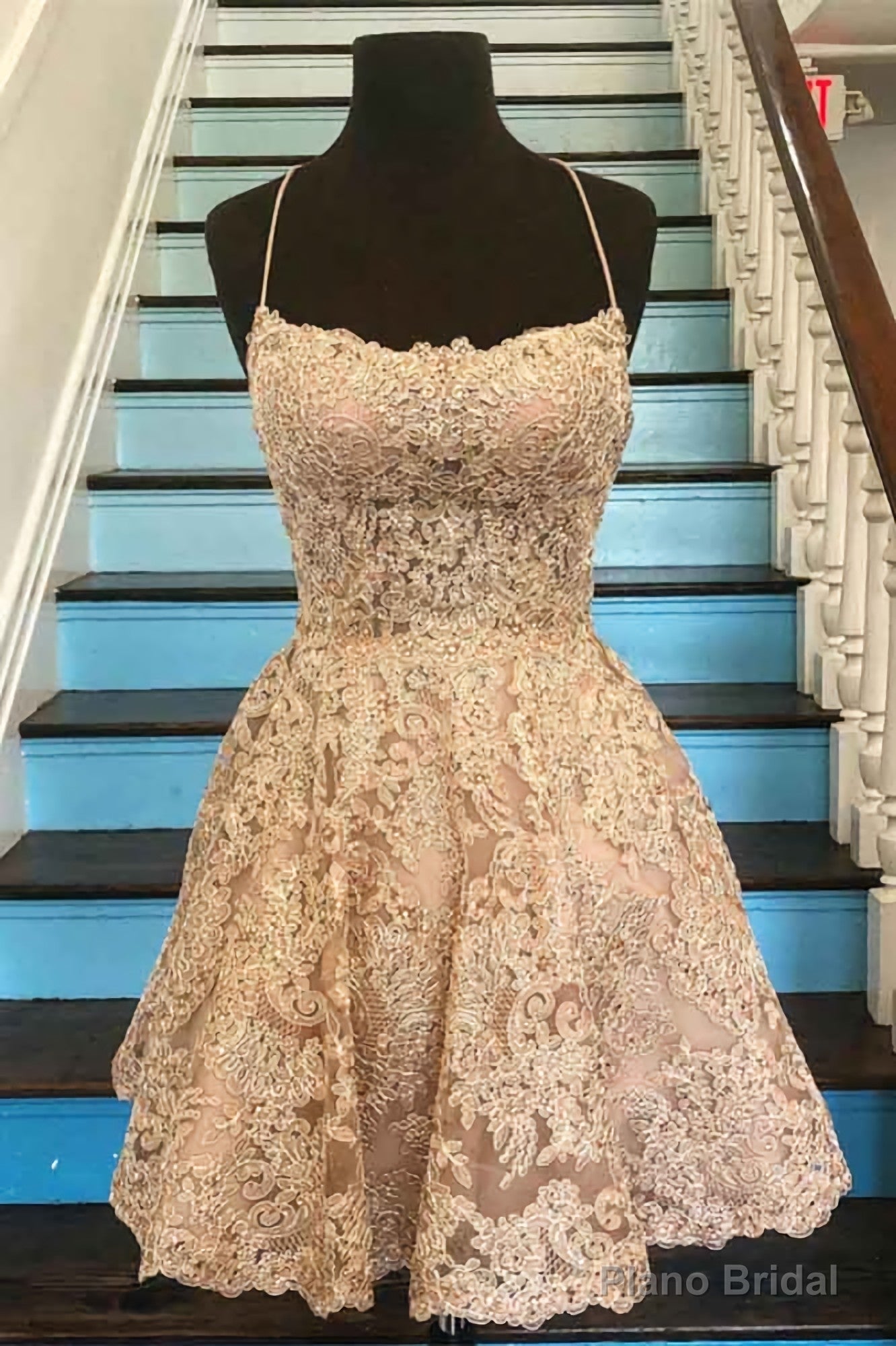 Spaghetti Strap Vintage Gold Lace Applique Criss Cross Short Homecoming Dresses