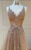 modest tulle v-neck a-line long lace prom dress formal evening gowns