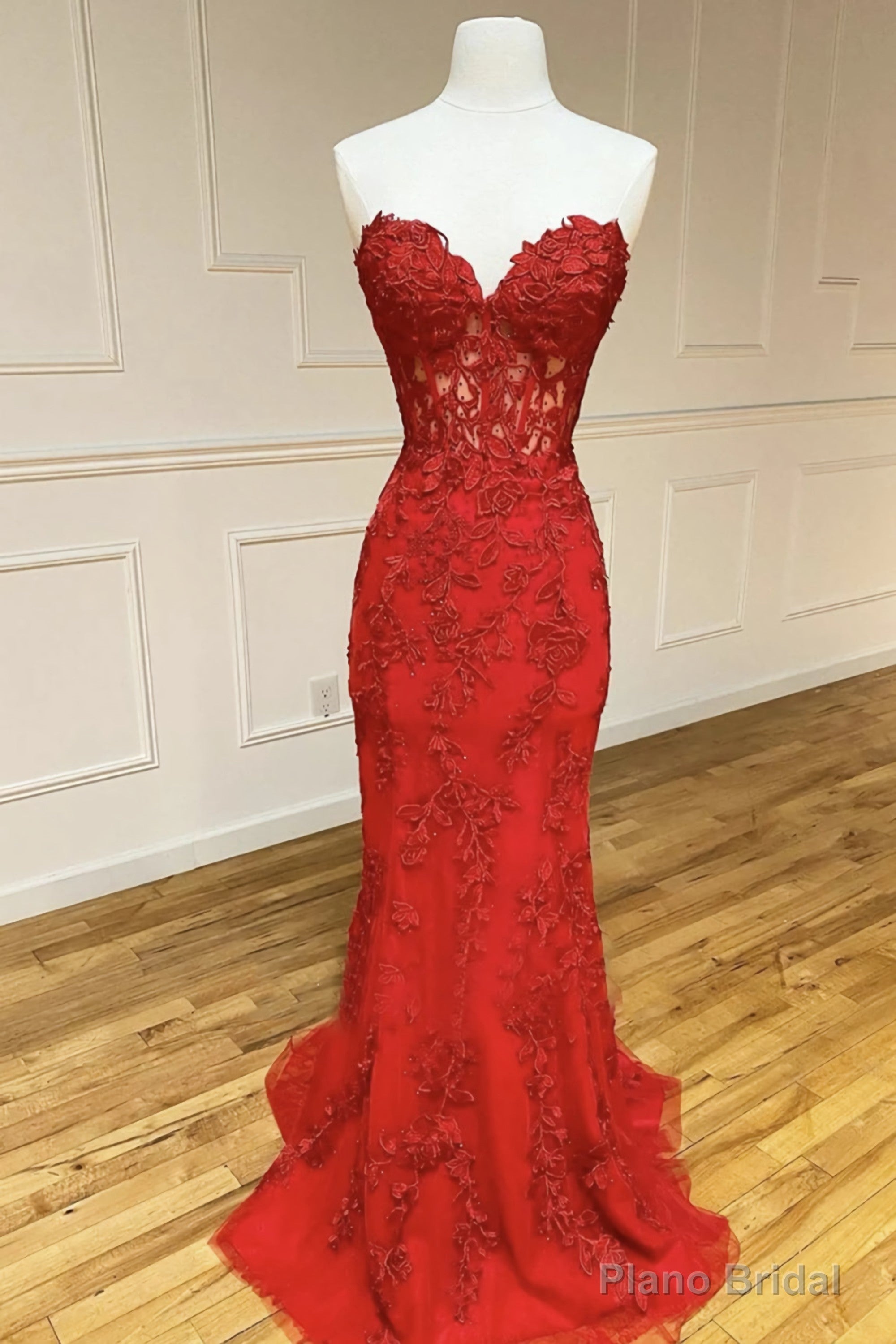Strapless Sweetheart Neck Mermaid Red Lace Long Prom Dress, Mermaid Red Lace Formal Dress, Red Lace Evening Dress Main image