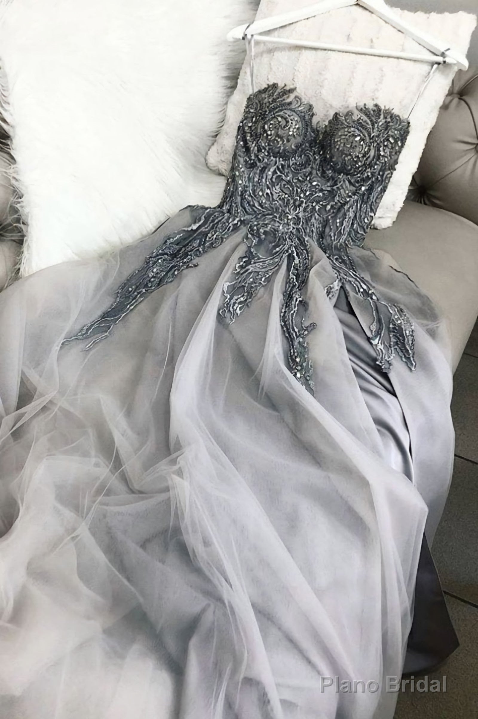 Strapless Sweetheart Neck Gray Lace Long Strapless Gray Lace Lace Gray Prom Dresses Main image