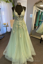 Straps Sage Green Appliques A-line Long Formal Dress