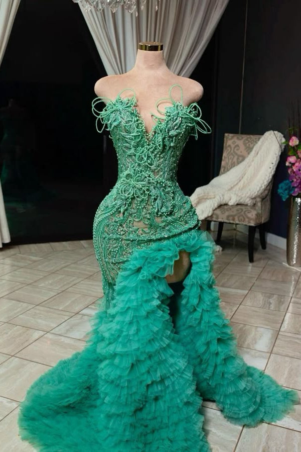 Stunning Green Sweetheart High Split Ruffles Mermaid Floor Length Prom Dresses Main image