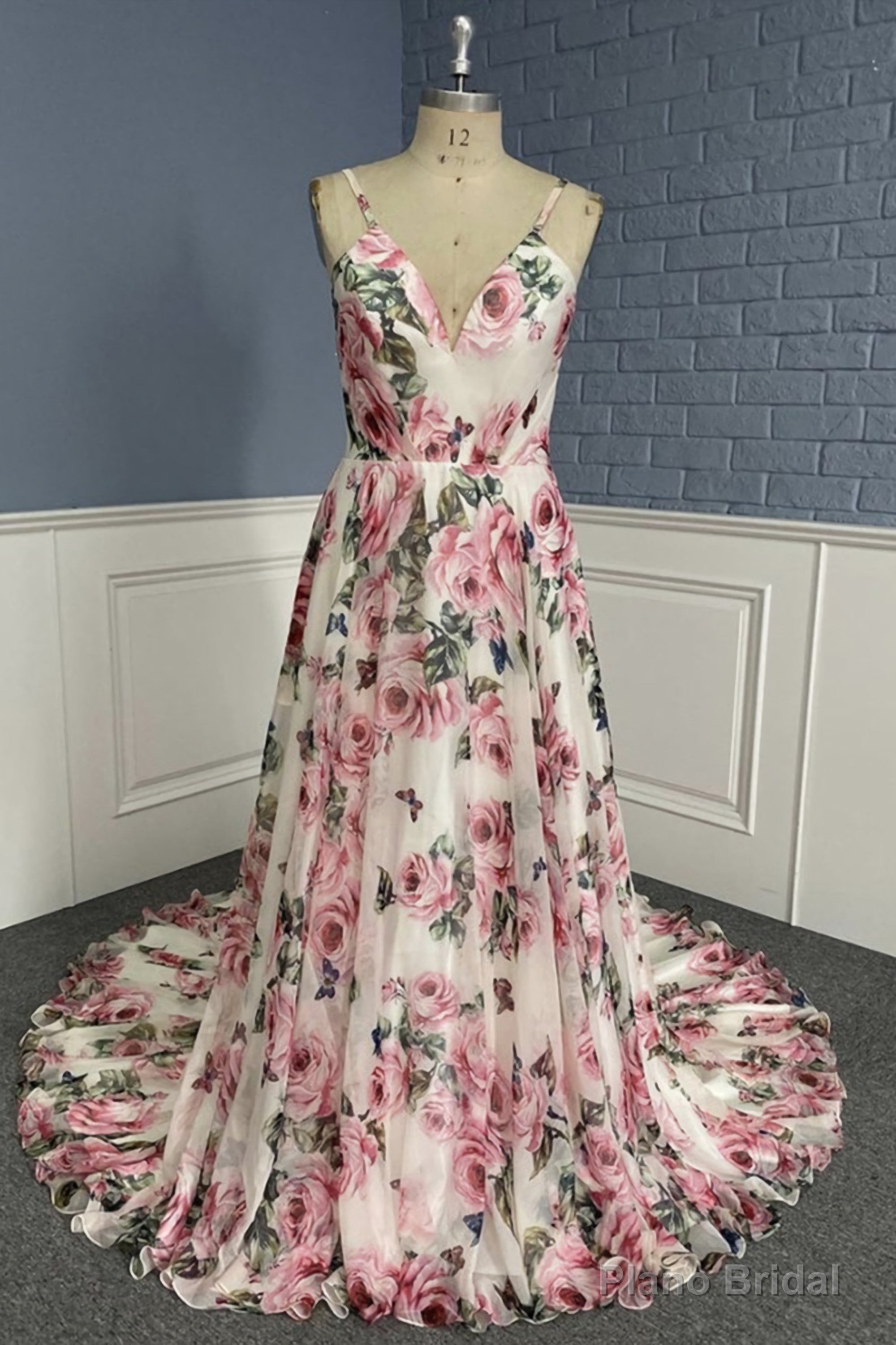 Stylish V Neck Backless Floral Pattern Long Prom Dress, V Neck Floral Pattern Formal Evening Dress Main image