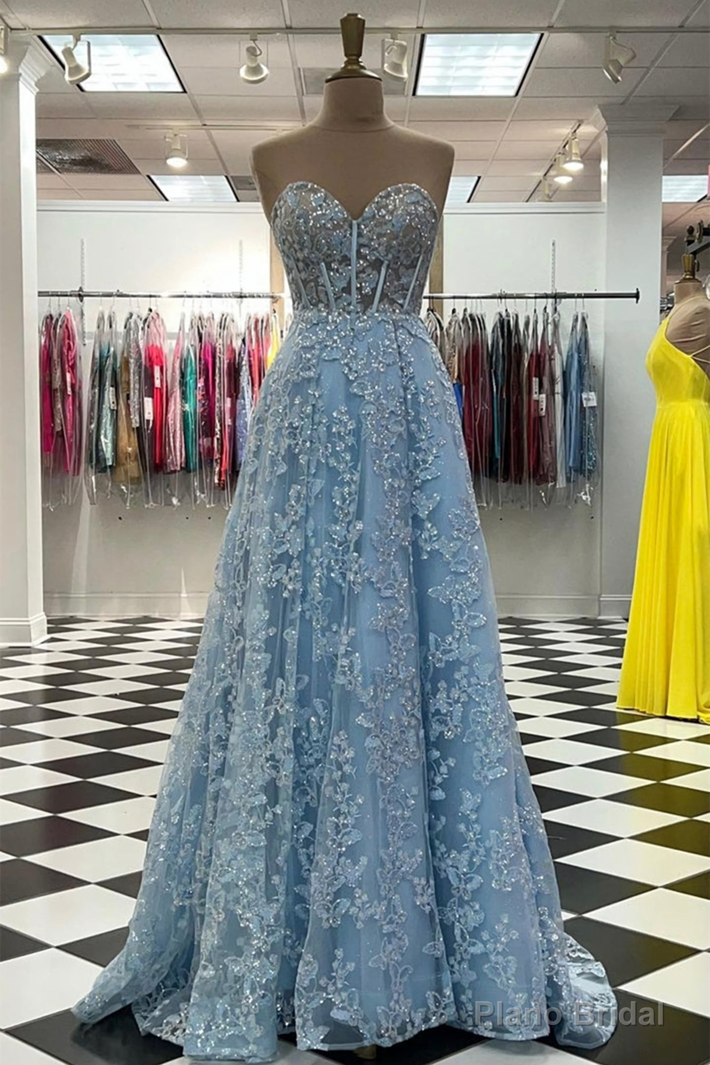 Sweetheart Neck Blue Lace Appliques Long Prom Dress, With Long Sleeves Blue Lace Floral Formal Graduation Evening Dress