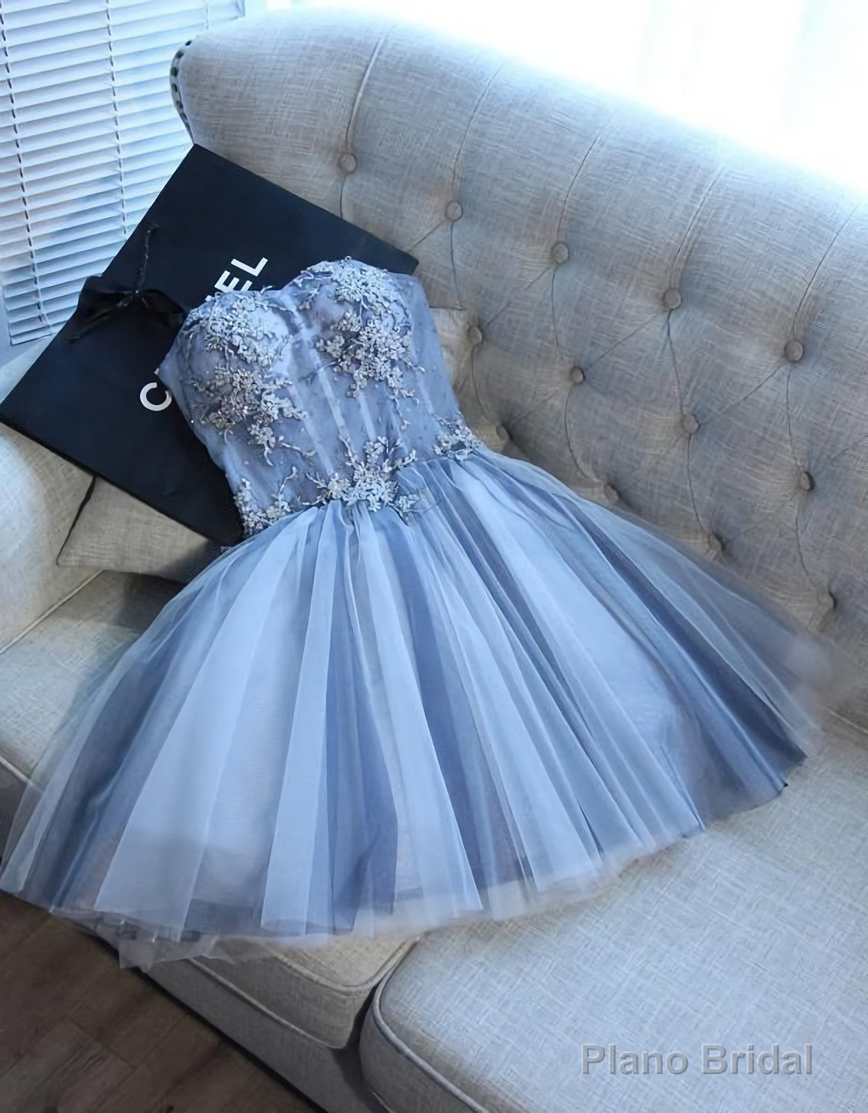 Sweetheart Strapless Homecoming Dresses, Beads Blue Lace Up Tulle Short Prom Dresses