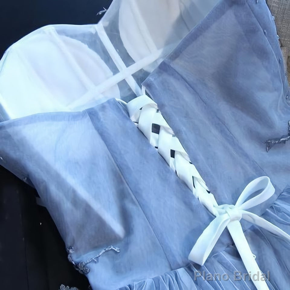 Sweetheart Strapless Homecoming Dresses, Beads Blue Lace Up Tulle Short Prom Dresses