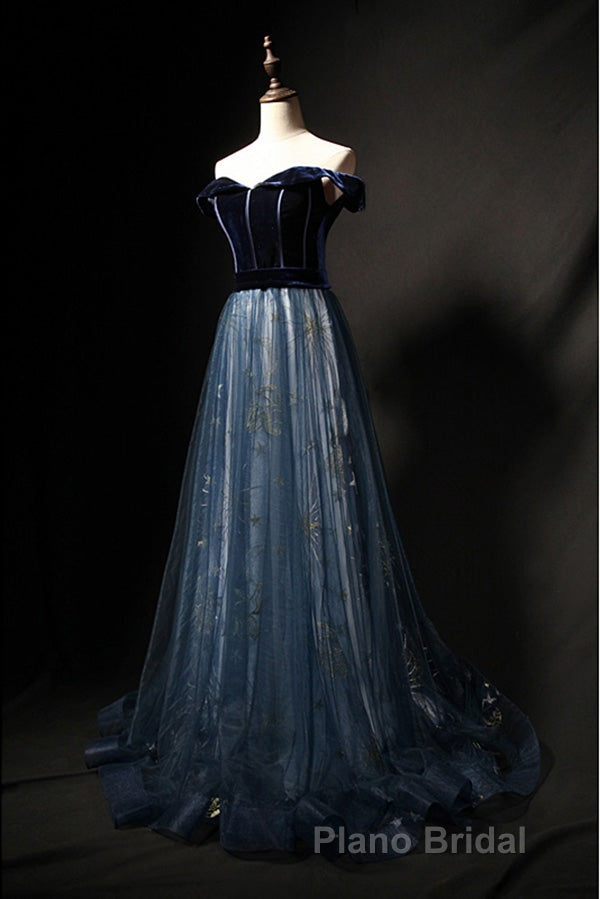 Elegant Off the Shoulder Velvet Floor Length Long Evening Dresses Formal Prom Dresses